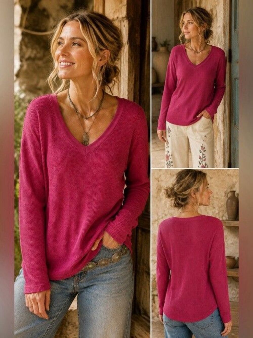 Sundance Thermal Shirt Womens Large Top Pink Waffle Knit Long Sleeve